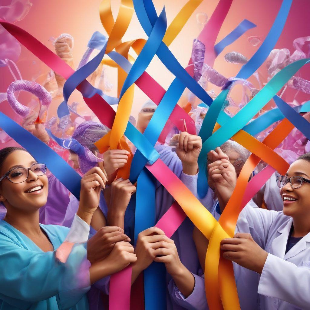 A powerful illustration of diverse individuals united in support against cancer, showcasing scientific breakthroughs and patient care. Include symbols of hope like ribbons, lab equipment, and supportive hands together. The background should feature a bustling research lab with vibrant colors expressing optimism and resilience. super-realistic. vibrant colors. uplifting atmosphere.