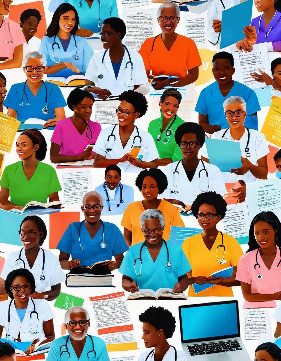 A vibrant collage illustrating a diverse group of patients engaged in supportive conversations, surrounded by medical books and journals. The background should feature a glowing light symbolizing hope and empowerment. Include elements like a stethoscope and a laptop displaying health information to represent the knowledge aspect. The image should radiate warmth and encouragement. 3D. vibrant colors. white background.