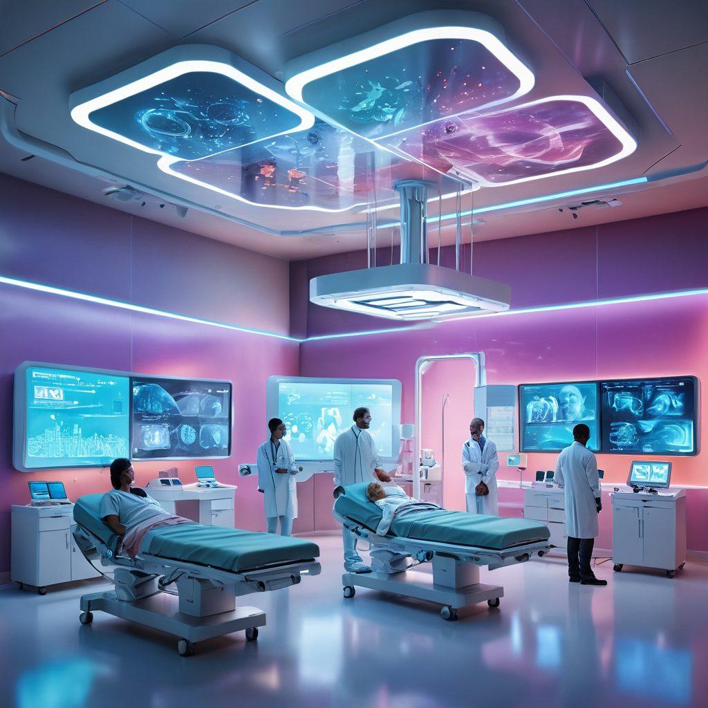 A futuristic hospital scene showcasing advanced oncology treatments, with a diverse group of patients and doctors interacting positively. Highlight a glowing treatment machine and digital screens with patient data. Include inspirational survivor stories displayed on floating holograms around the room. The environment should be hopeful and vibrant, symbolizing progress in cancer care. super-realistic. vibrant colors. 3D.
